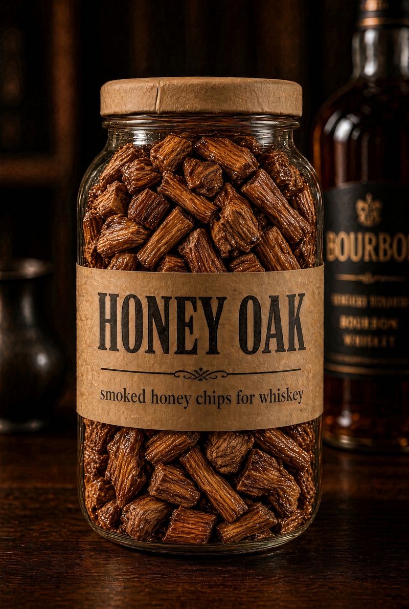 A glass jar of Honey Oak smoked honey chips with a kraft-paper label reading 'Honey Oak, smoked honey chips for whiskey', beside a bottle of bourbon