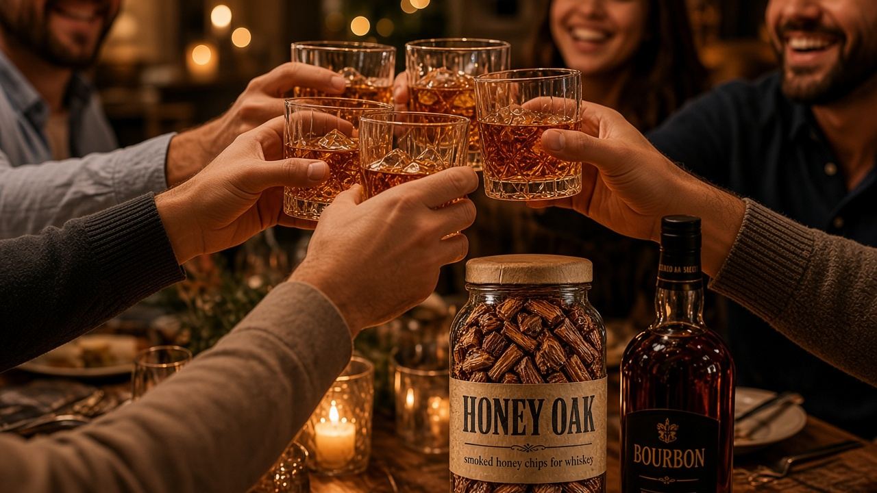 Several hands clinking glasses of whiskey over a candlelit dinner table set with a jar of Honey Oak