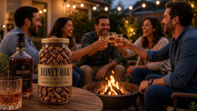 Friends toasting around a backyard fire pit under string lights, with a jar of Honey Oak and a bottle of bourbon on the table
