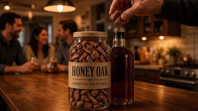 A hand dropping Honey Oak chips into a whiskey bottle on a kitchen island while friends chat in the background