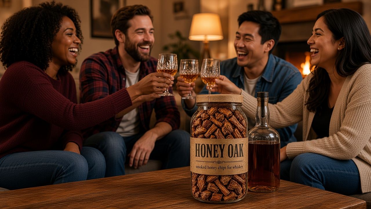 Four friends on a couch raising glasses of whiskey, with a jar of Honey Oak and a whiskey bottle on the coffee table